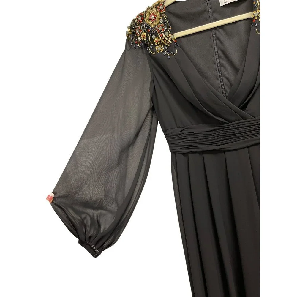 NWT Mac Duggal Black Embellished Shoulder Long Sleeve Gown Maxi Dress Size 4